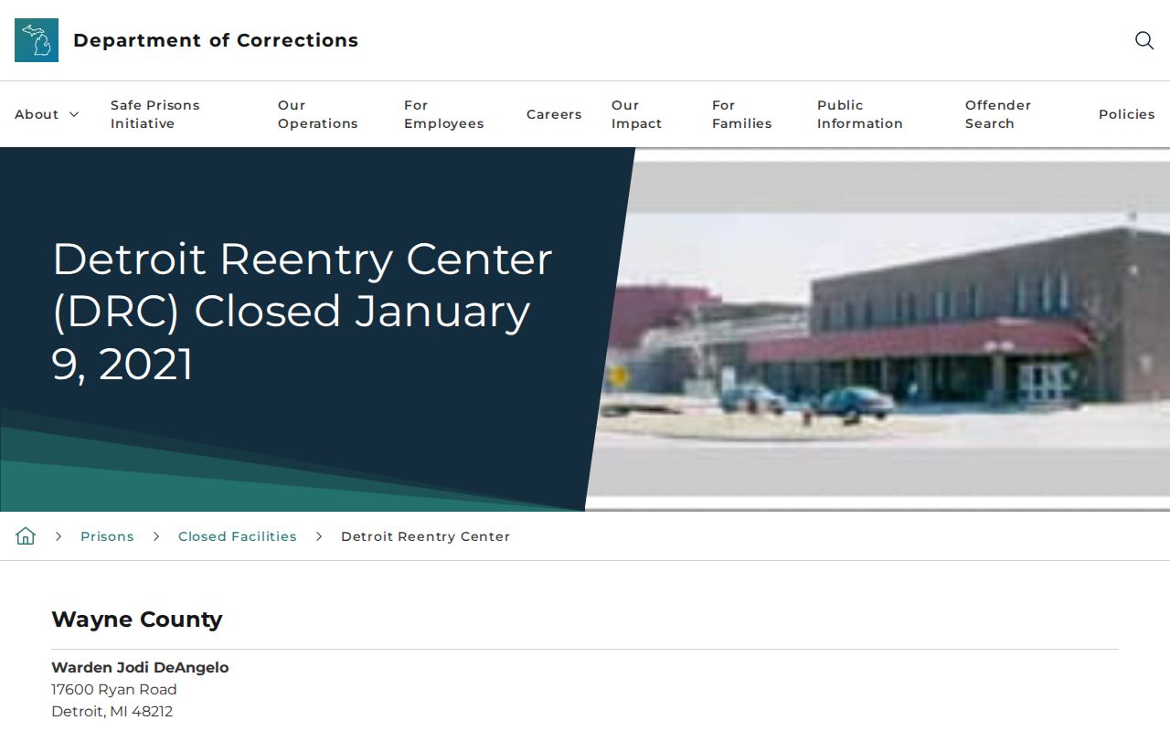 Detroit Reentry Center historical release records and closed facility page