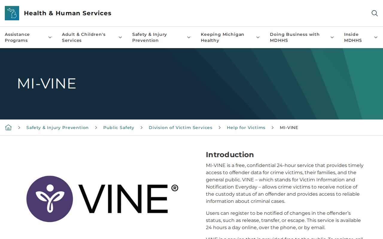 Michigan MI-VINE information for Wayne County release notifications