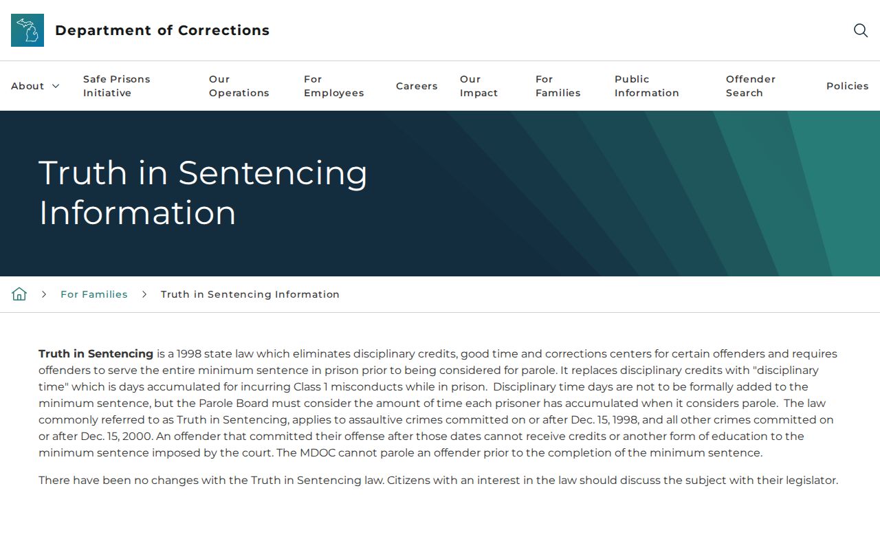 Michigan truth in sentencing rules for Wayne County state release dates